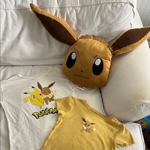 Pokémon bundle kids Eevee Pillow and (2) Pokémon T-Shirts  girls 10-12).